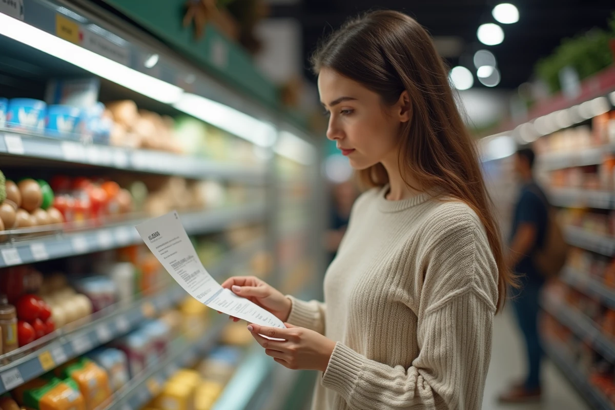 Jeune femme réfléchissant devant un ticket de caisse au supermarche
