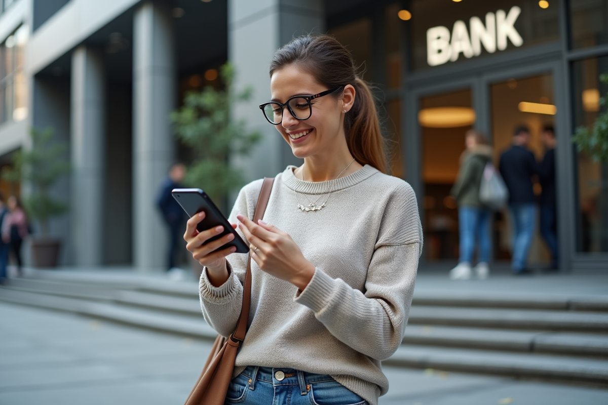 Femme souriante consulte une application crypto sur son smartphone