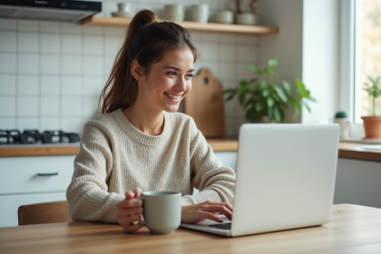 Femme assise à la cuisine avec ordinateur et tasse de café
