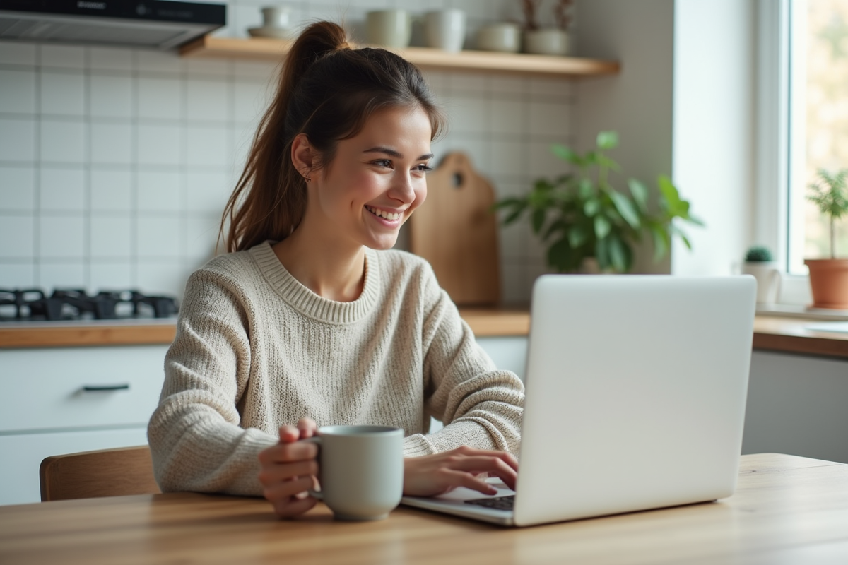 Femme assise à la cuisine avec ordinateur et tasse de café
