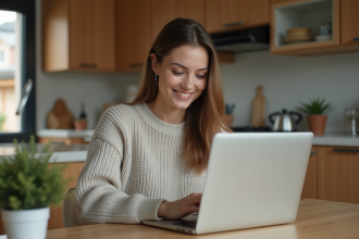 Jeune femme souriante utilisant un ordinateur pour créer une carte digitale dans une cuisine moderne