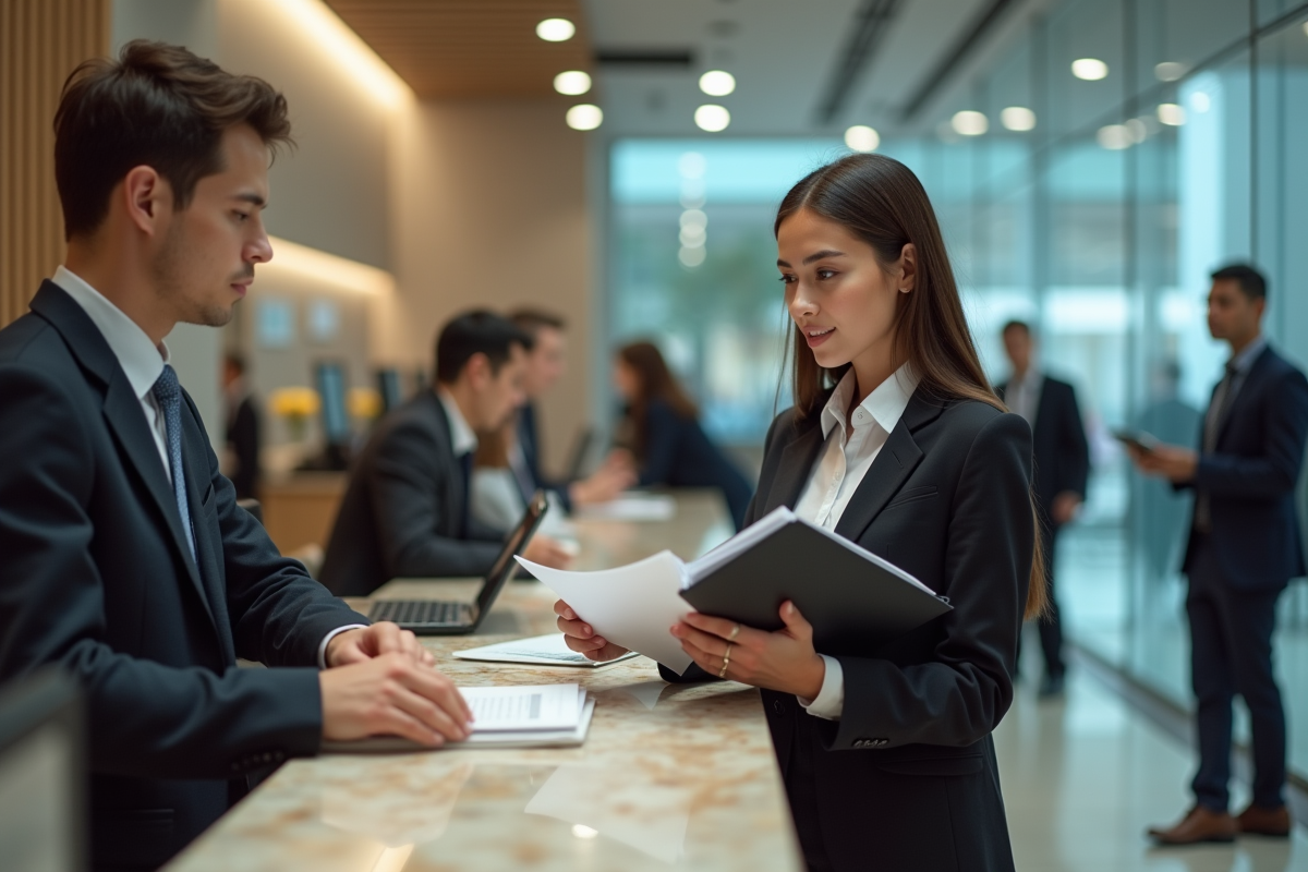 Femme discutant avec un employé de banque dans un intérieur élégant