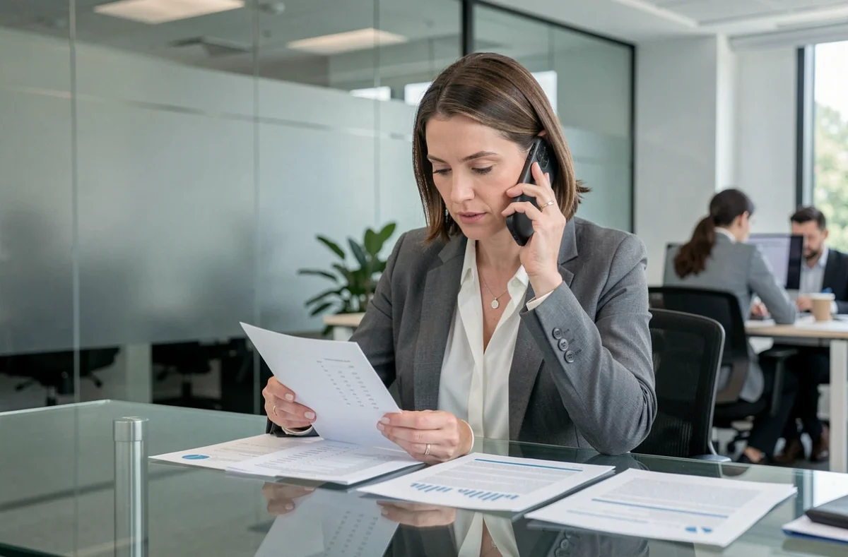 Femme professionnelle consultant des documents financiers avant un appel Cofidis au bureau