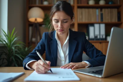 Femme cadre consultant sa fiche de paie et calculant son éligibilité à la prime d'activité en 2026