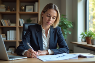Femme professionnelle en bureau moderne et élégant