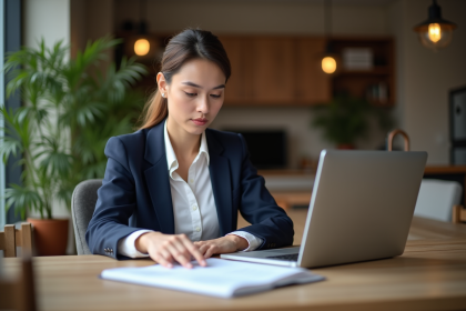 Femme professionnelle examine documents financiers à la maison