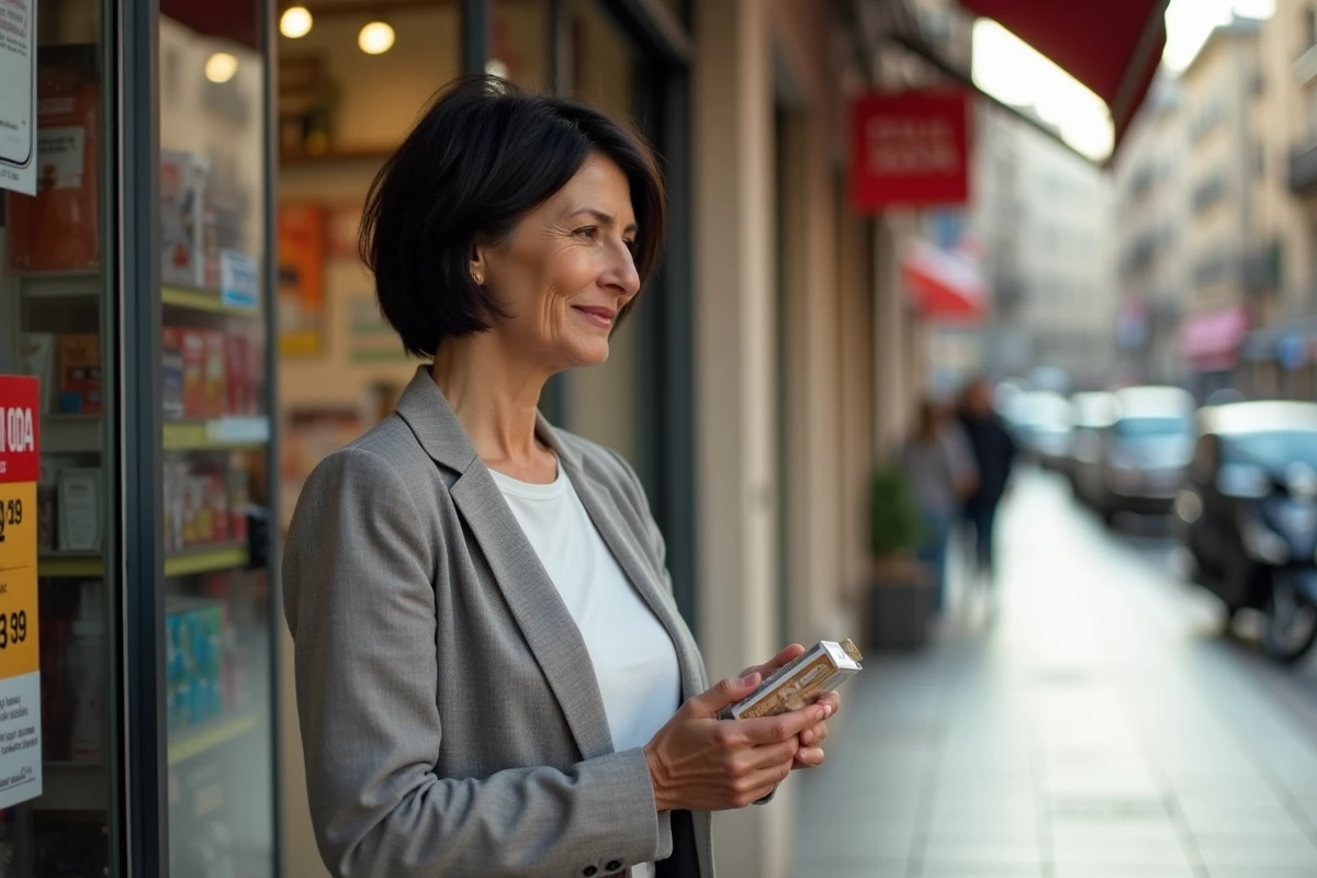 Une femme espagnole devant une épicerie de Barcelone tenant un paquet de cigarettes Philip Morris, avec un panneau de prix visible en vitrine, illustrant les nouvelles tarifications du tabac en 2026