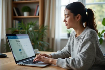 Femme utilisant LCL Accès sur un ordinateur portable pour gérer ses comptes bancaires depuis son bureau à domicile