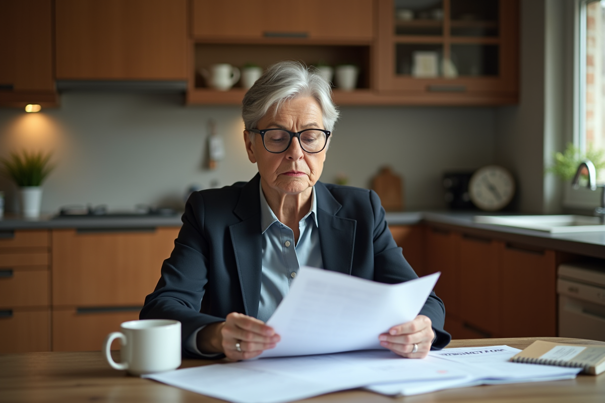 Femme d'âge moyen examinant des documents de pension dans une cuisine chaleureuse