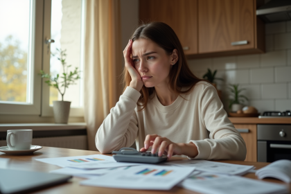 Jeune femme inquiète à la maison avec ses relevés bancaires