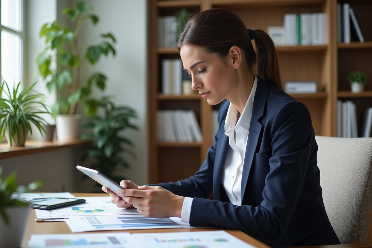Femme en blazer bleu examine des documents financiers