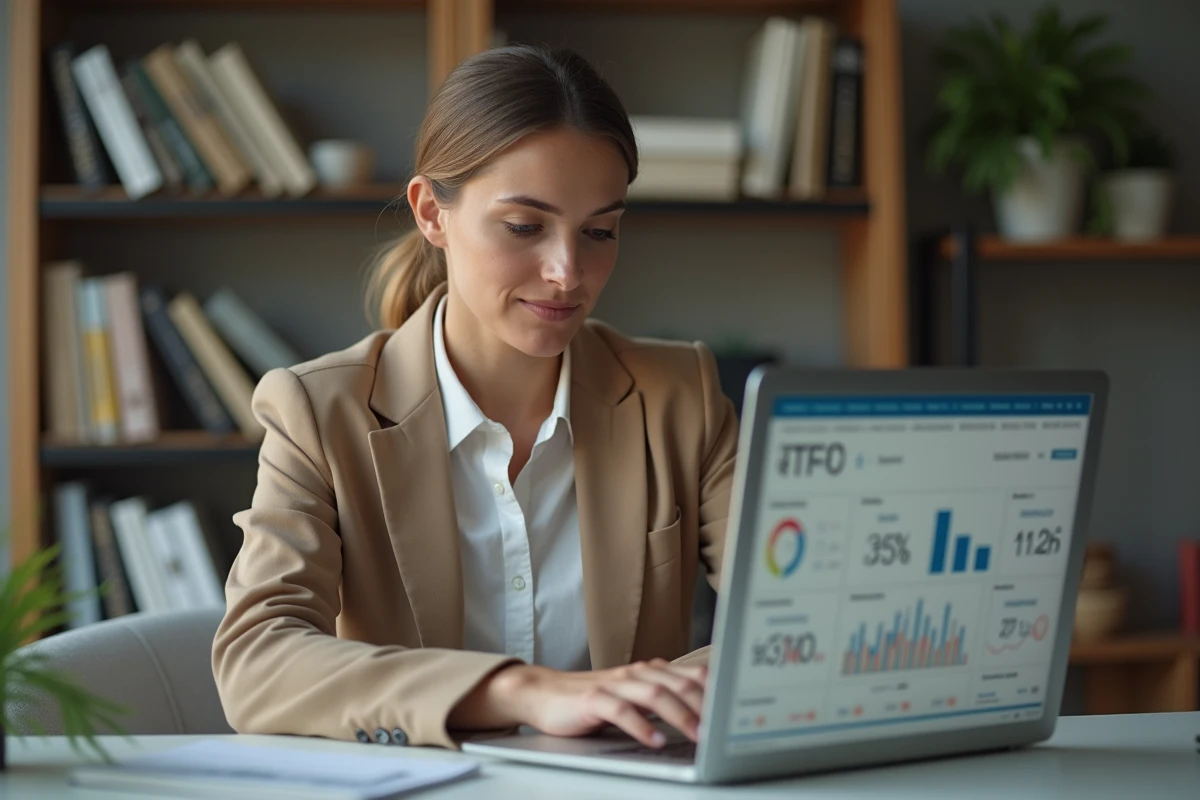 Femme investissant dans des ETF du secteur maritime et logistique depuis son bureau à domicile