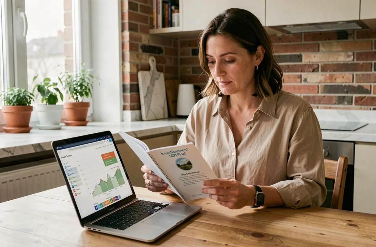 Femme consultant des documents sur l'investissement SCPI Pinel pour optimiser sa fiscalité depuis son appartement