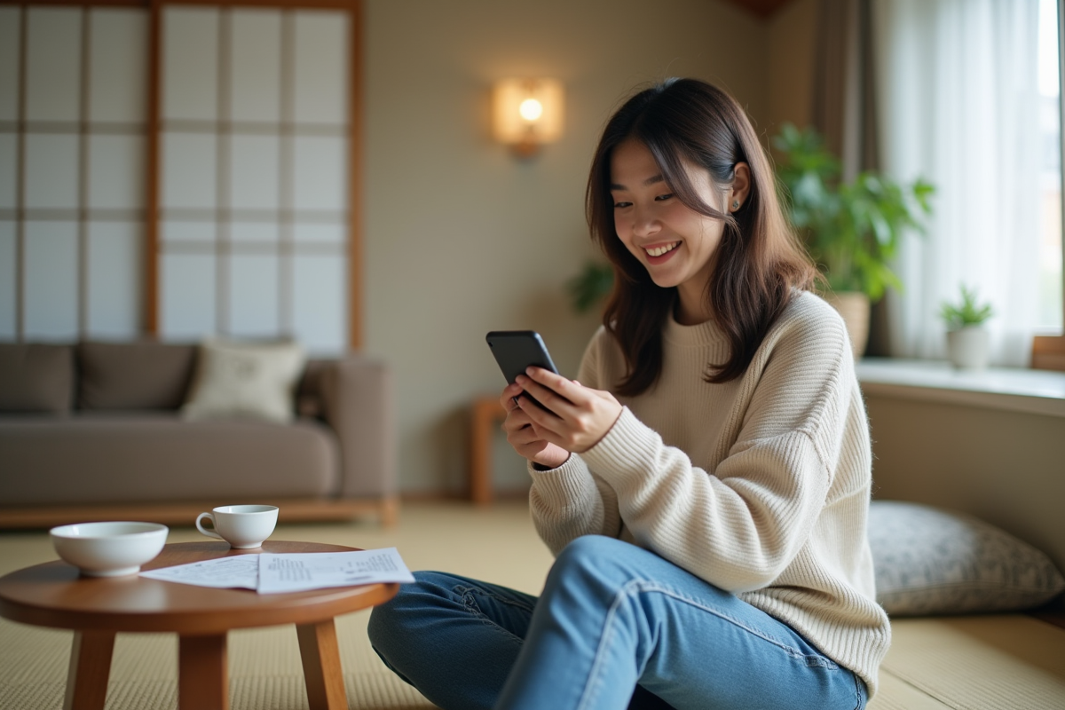 Femme japonaise utilise une application de prêt à la maison