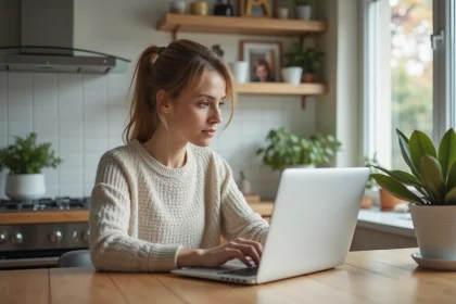 Femme assise à la cuisine utilisant son ordinateur portable