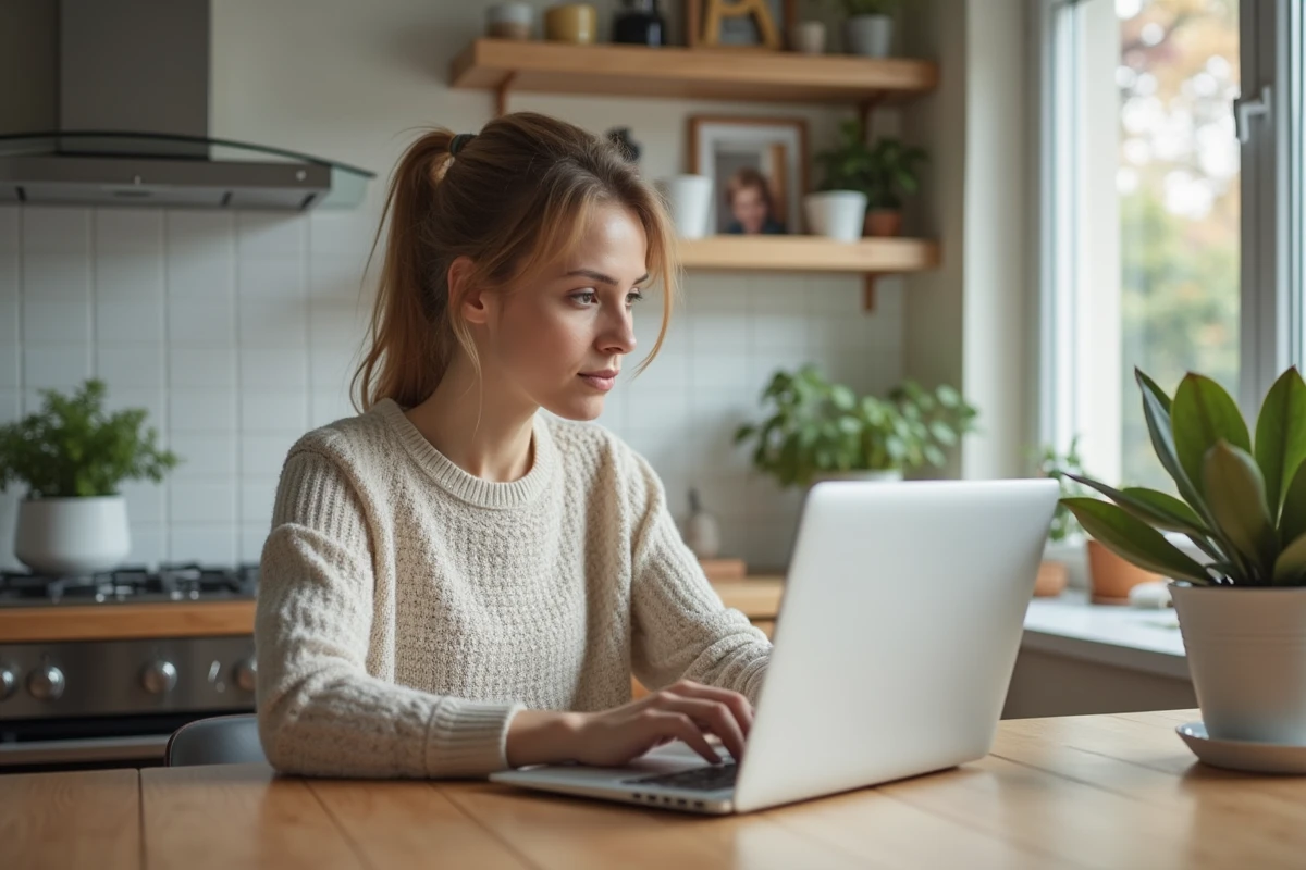 Femme assise à la cuisine utilisant son ordinateur portable