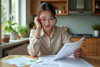 Jeune femme lisant un relevé bancaire à la maison