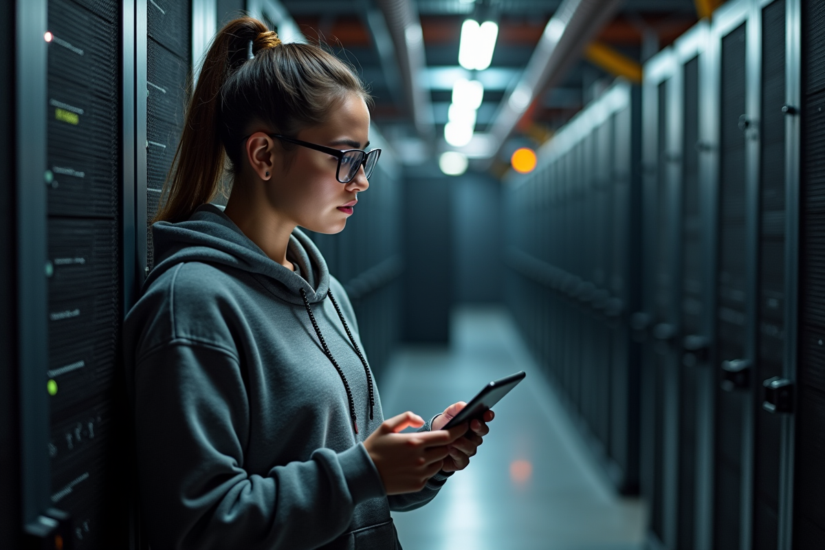 Femme surveillant machines de minage crypto avec tablette