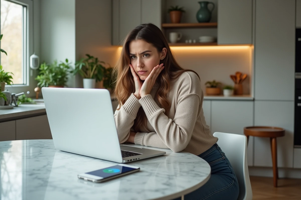 Femme perplexe devant son ordinateur dans la cuisine