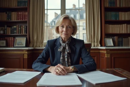 Femme parisienne en blazer et foulard dans un bureau élégant