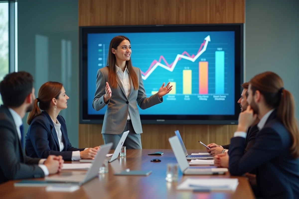 Jeune femme professionnelle pr&eacute;sentant un graphique digital en r&eacute;union