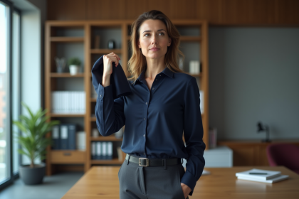 Femme professionnelle tenant une chemise dans un bureau moderne