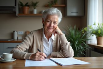 Femme d'âge moyen examine des documents dans la cuisine