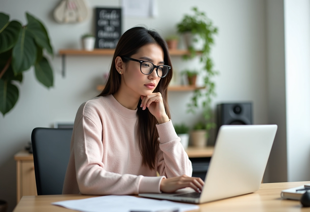 Femme analysant son historique Valorant sur son ordinateur