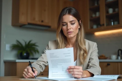 Femme en cuisine examinant un re&ccedil;u et documents