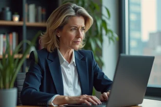 Femme tapant un mot de passe sécurisé sur un ordinateur portable dans un bureau à domicile moderne