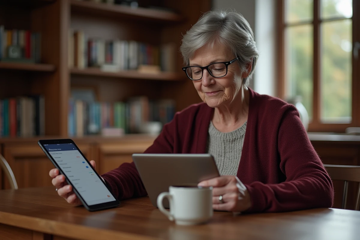 Femme senior configurant les alertes e-mail et SMS de son compte Caisse d'Epargne sur une tablette à domicile