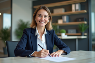 Femme professionnelle signant un document en banque