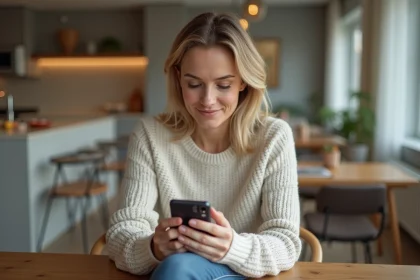 Femme assise v&eacute;rifiant un SMS sur son smartphone dans un int&eacute;rieur moderne