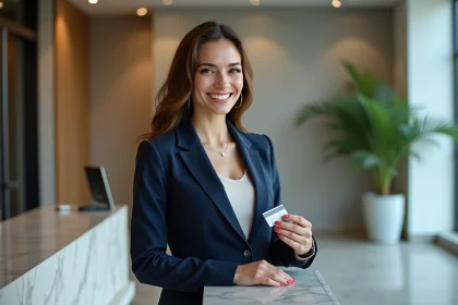 Femme professionnelle en costume navy tenant une carte m&eacute;tallique