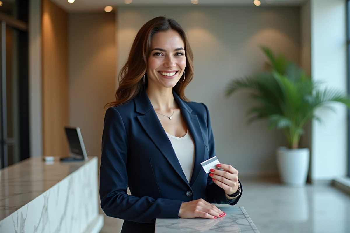 Femme professionnelle en costume navy tenant une carte métallique
