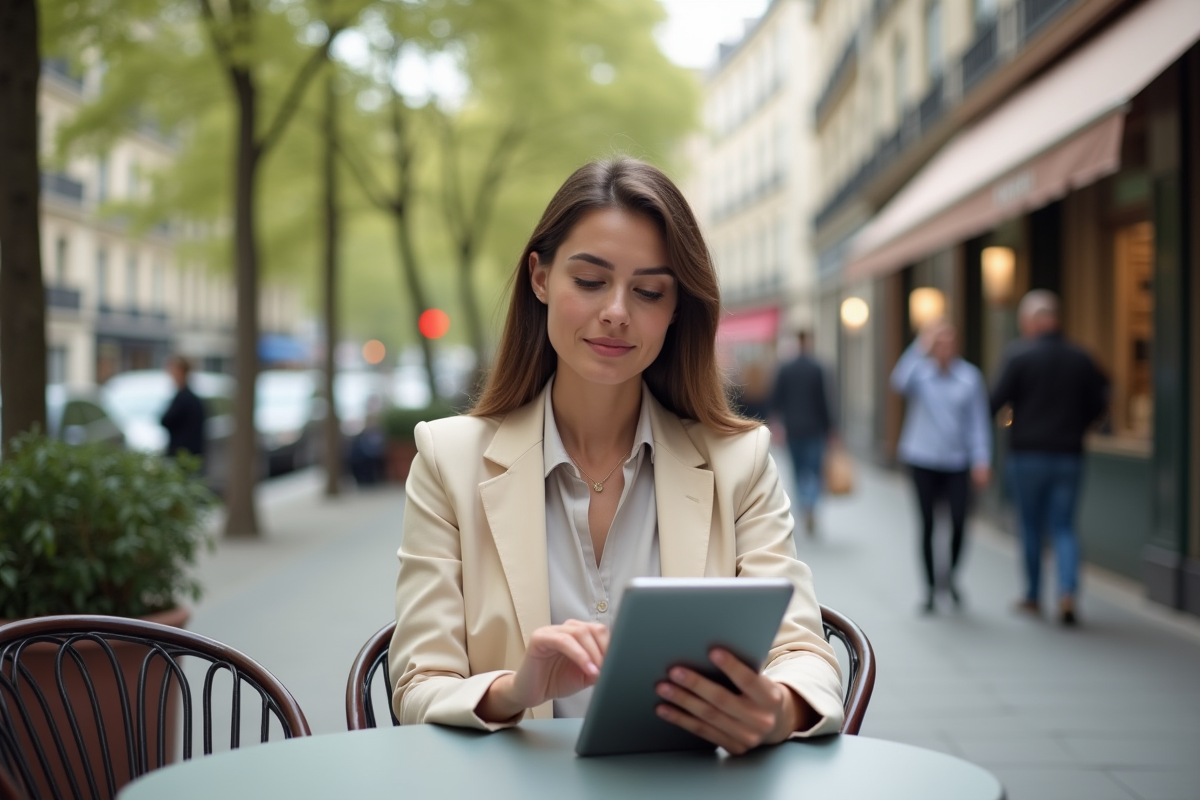 Jeune femme au café utilisant une tablette pour ses finances