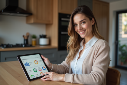 Jeune femme souriante utilisant une tablette dans la cuisine