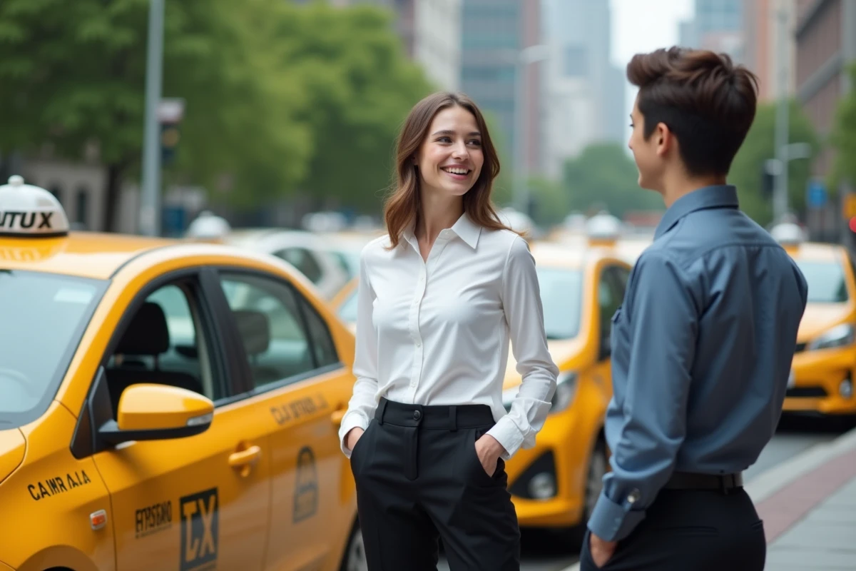 Jeune femme taxi discutant avec coll&egrave;gues devant un taxi