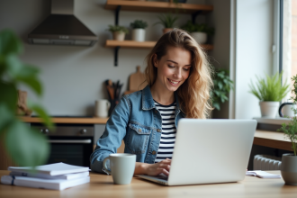 Jeune femme travaillant sur un laptop dans la cuisine