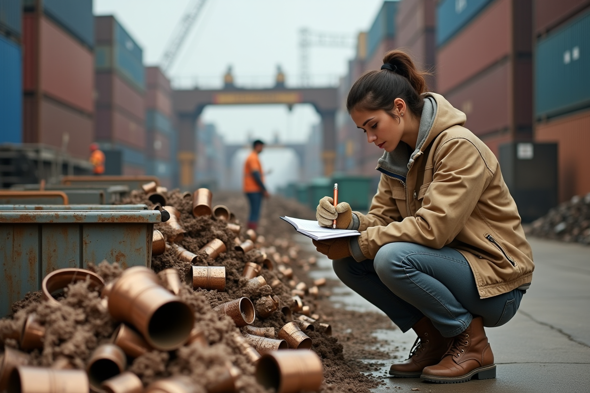 Jeune femme observe des déchets de bronze dans une cour industrielle