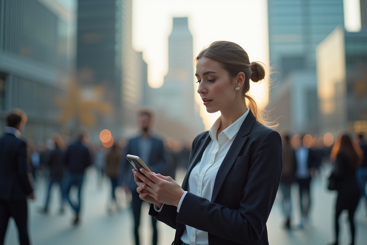 Femme d affaires regardant un graphique financier sur son smartphone
