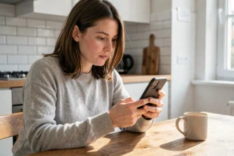 Femme consultant son smartphone pour vérifier l'arrivée d'un virement sur son compte Nickel