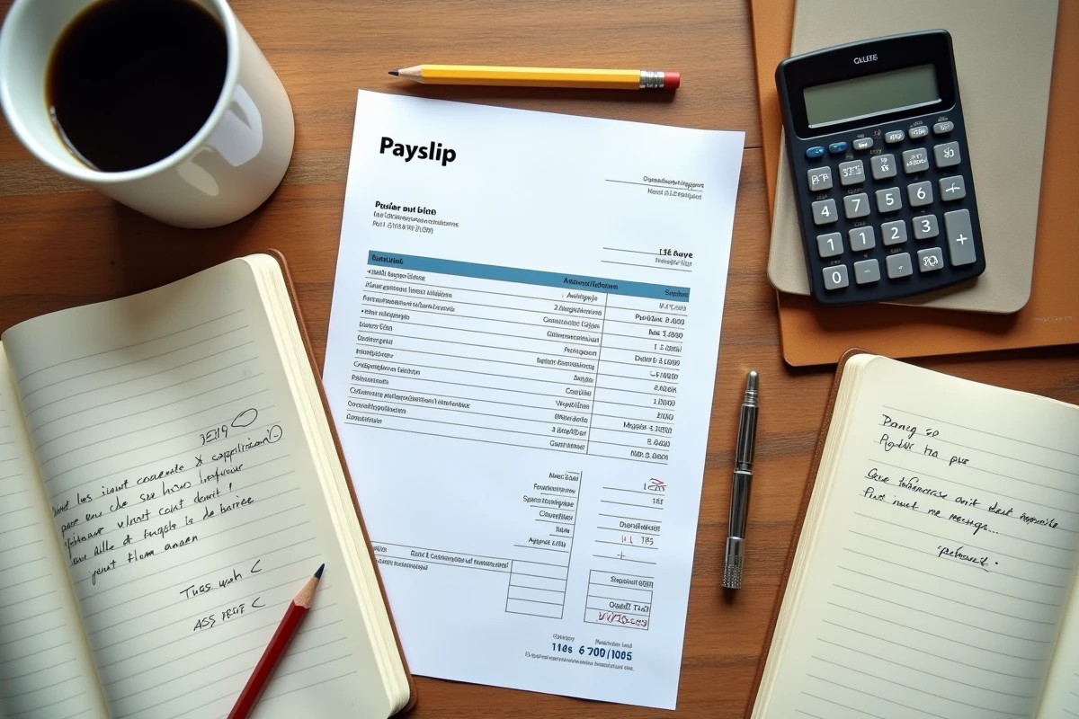 Fiche de paie de professeur stagiaire posée sur un bureau avec calculatrice et notes manuscrites
