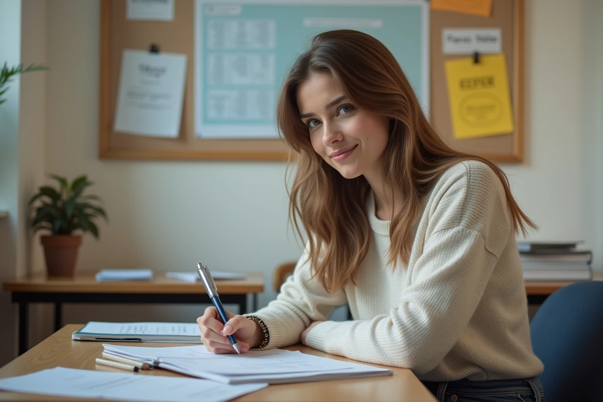 Jeune femme remplissant des documents fiscaux dans une salle d