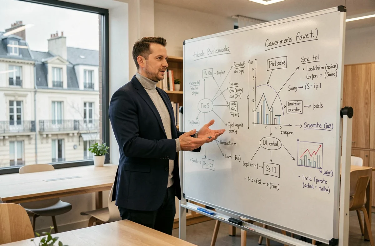 Spécialiste de Finaxia présentant une stratégie de planification financière et d'investissement devant un tableau blanc