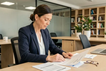 Fonctionnaire analysant des documents de mutuelle santé dans un bureau administratif moderne