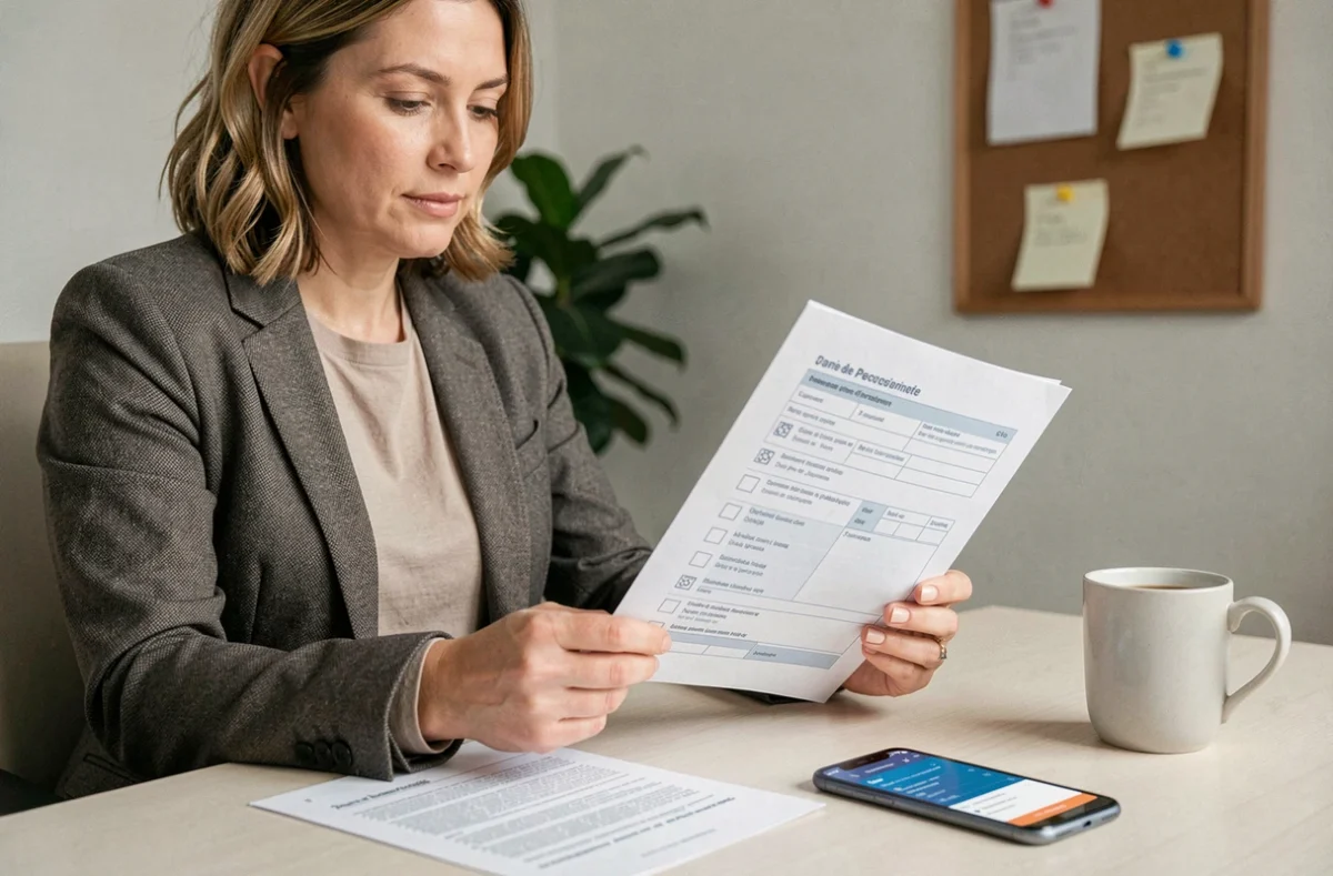 Femme consultant un formulaire 3916 BIS pour déclarer un compte bancaire mineur dans un bureau à domicile