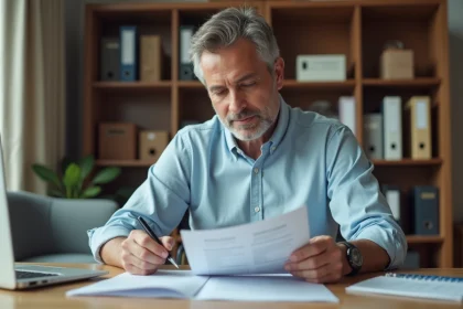 Homme remplissant un formulaire de demande d'éco-prêt à taux zéro à son bureau à domicile