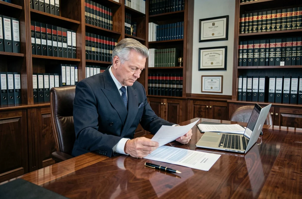 Homme d'affaires en costume marine consultant des documents financiers dans une grande salle de conférence luxueuse, évoquant la richesse et le patrimoine professionnel