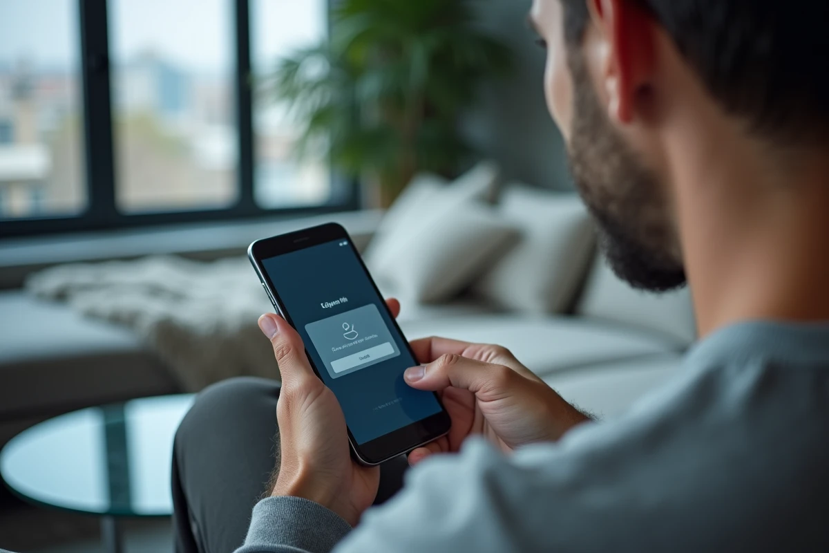 Homme utilisant FranceConnect sur smartphone pour accéder à son compte bancaire en ligne